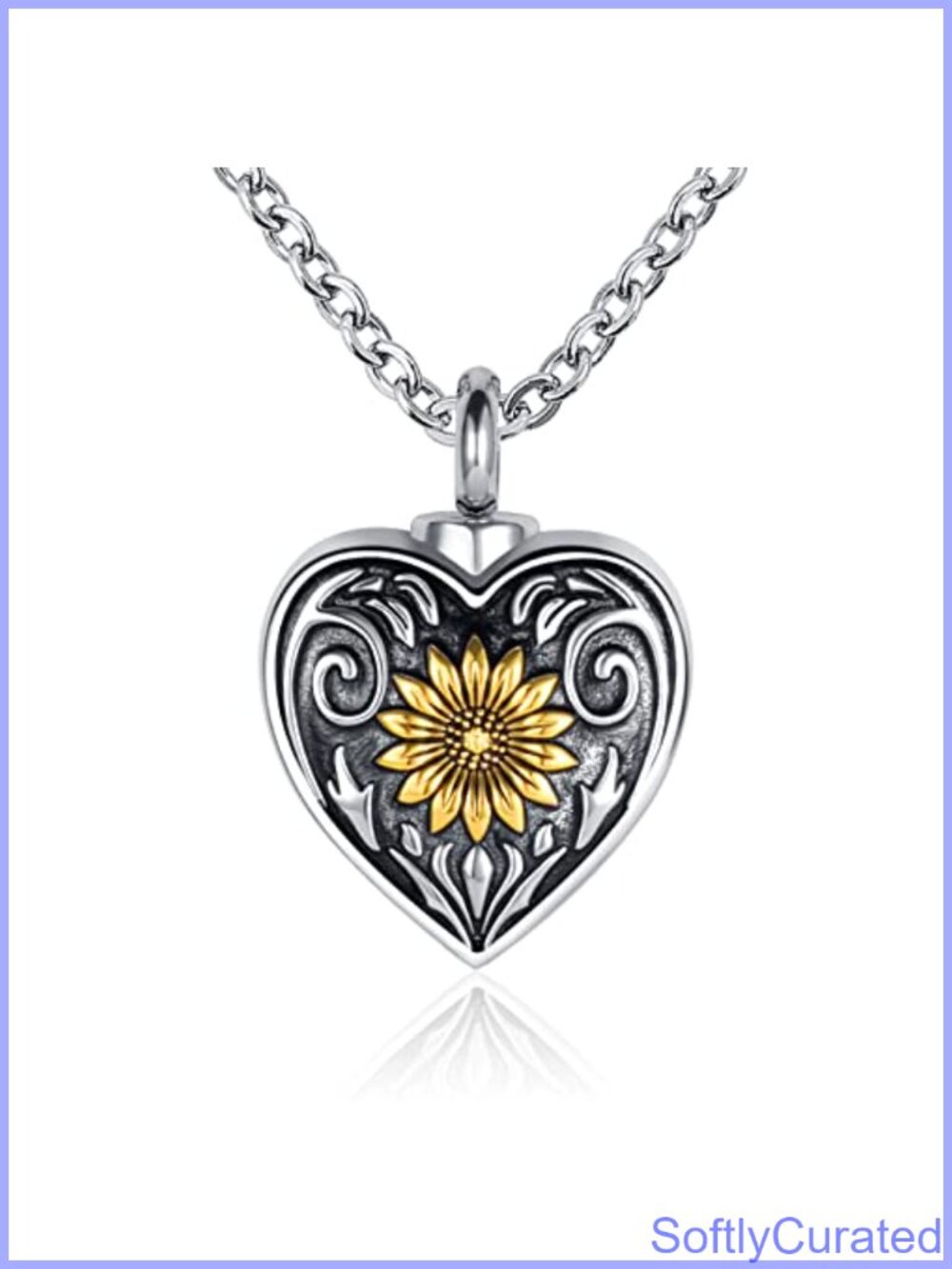 Sunflower Heart Urn Necklace for Ashes 316L Stainless Steel Memorial Keepsake